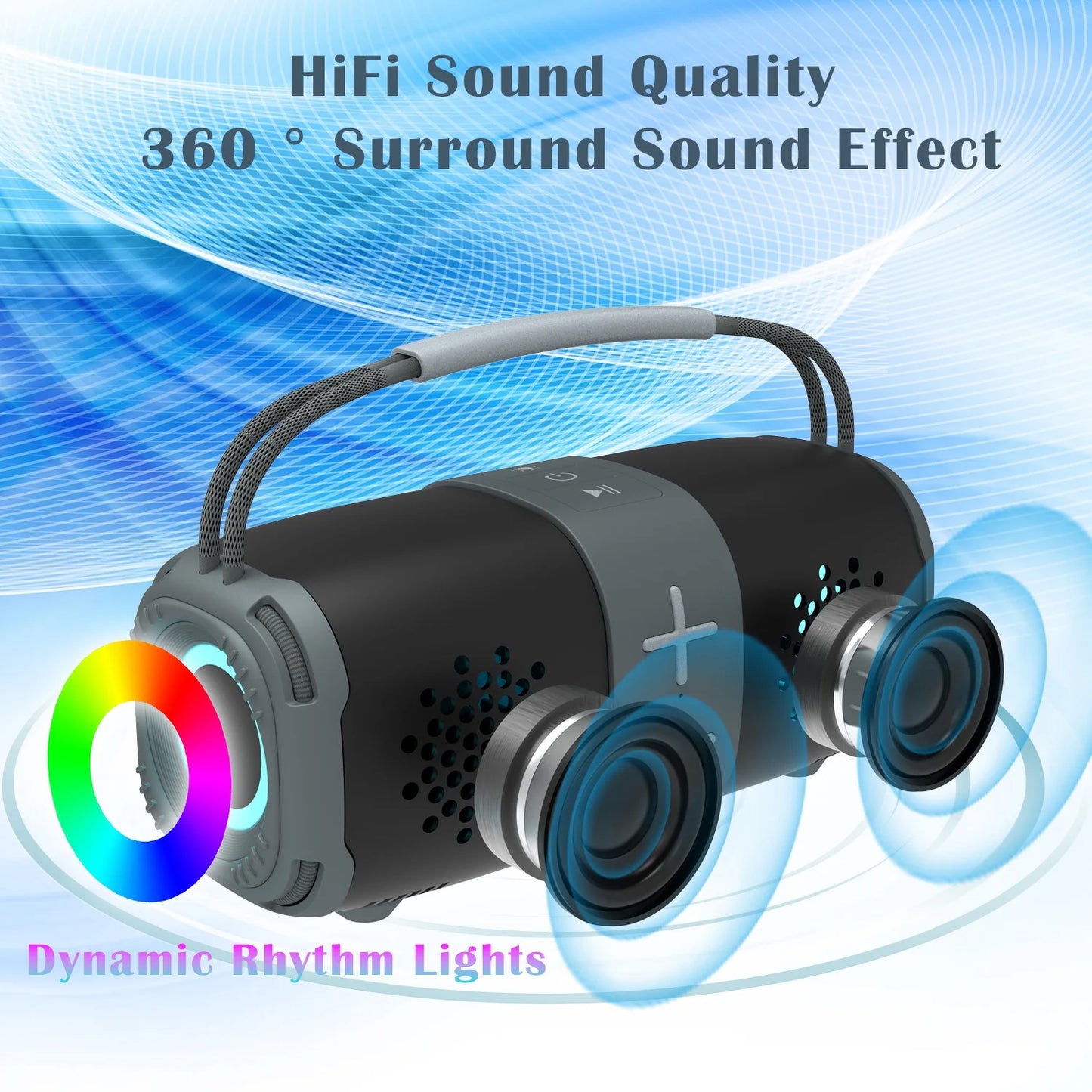 Portable Bluetooth 5.3 Speaker,Wireless Speaker with Dynamic LED Lights and Powerful 360° Sound,Tws Pairing,Outdoor Music Party Show,Gray