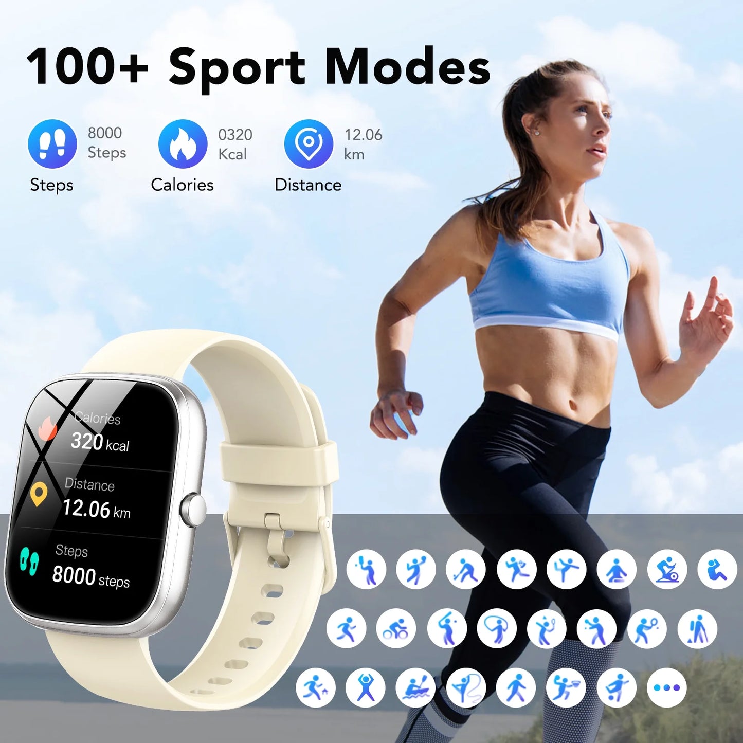 Smart Watch Fits for Android and Iphone, IP68 Waterproof Smartwatch for Women Men 100+ Sports Modes 1.91-Inch Fitness Tracker, Smart Watch with Bluetooth Call(Answer/Make Calls), for Gift White