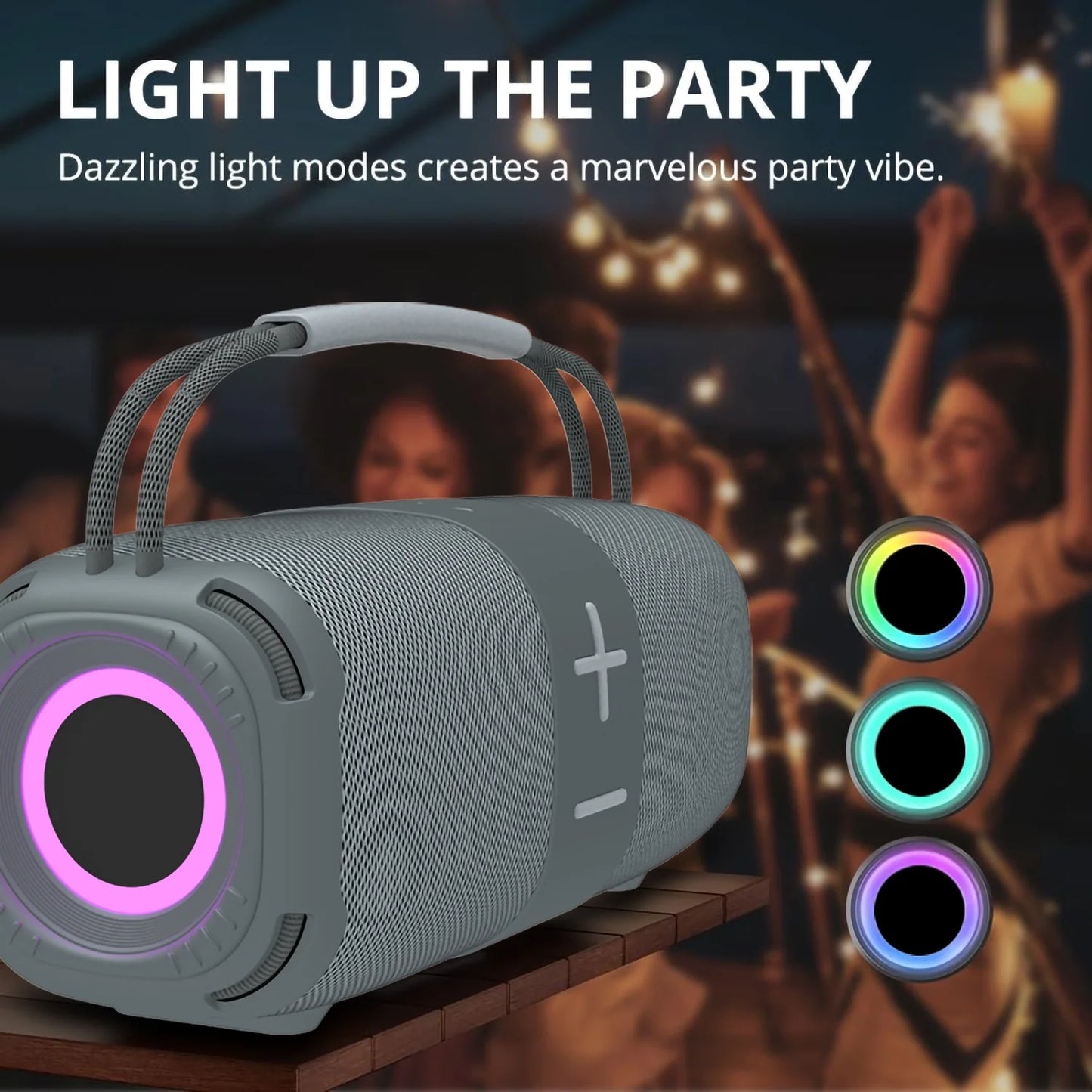 Portable Bluetooth 5.3 Speaker,Wireless Speaker with Dynamic LED Lights and Powerful 360° Sound,Tws Pairing,Outdoor Music Party Show,Gray