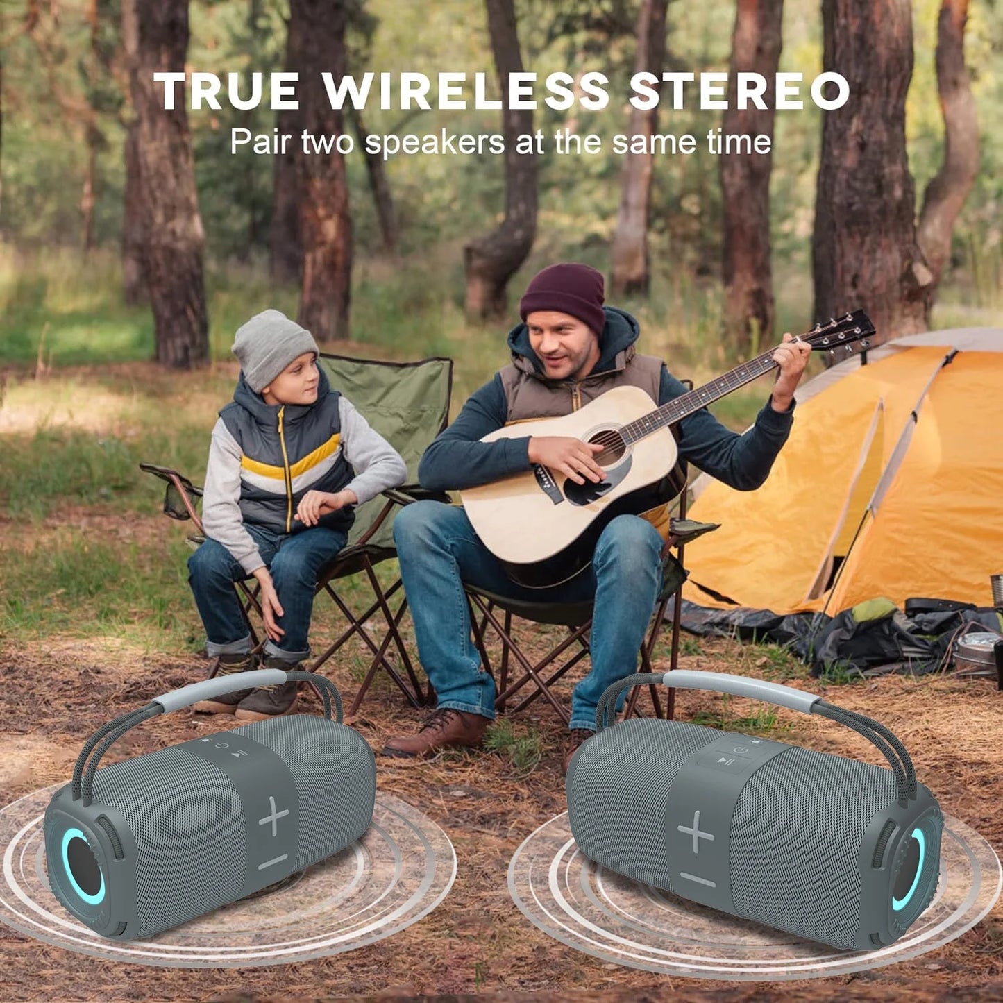 Portable Bluetooth 5.3 Speaker,Wireless Speaker with Dynamic LED Lights and Powerful 360° Sound,Tws Pairing,Outdoor Music Party Show,Gray