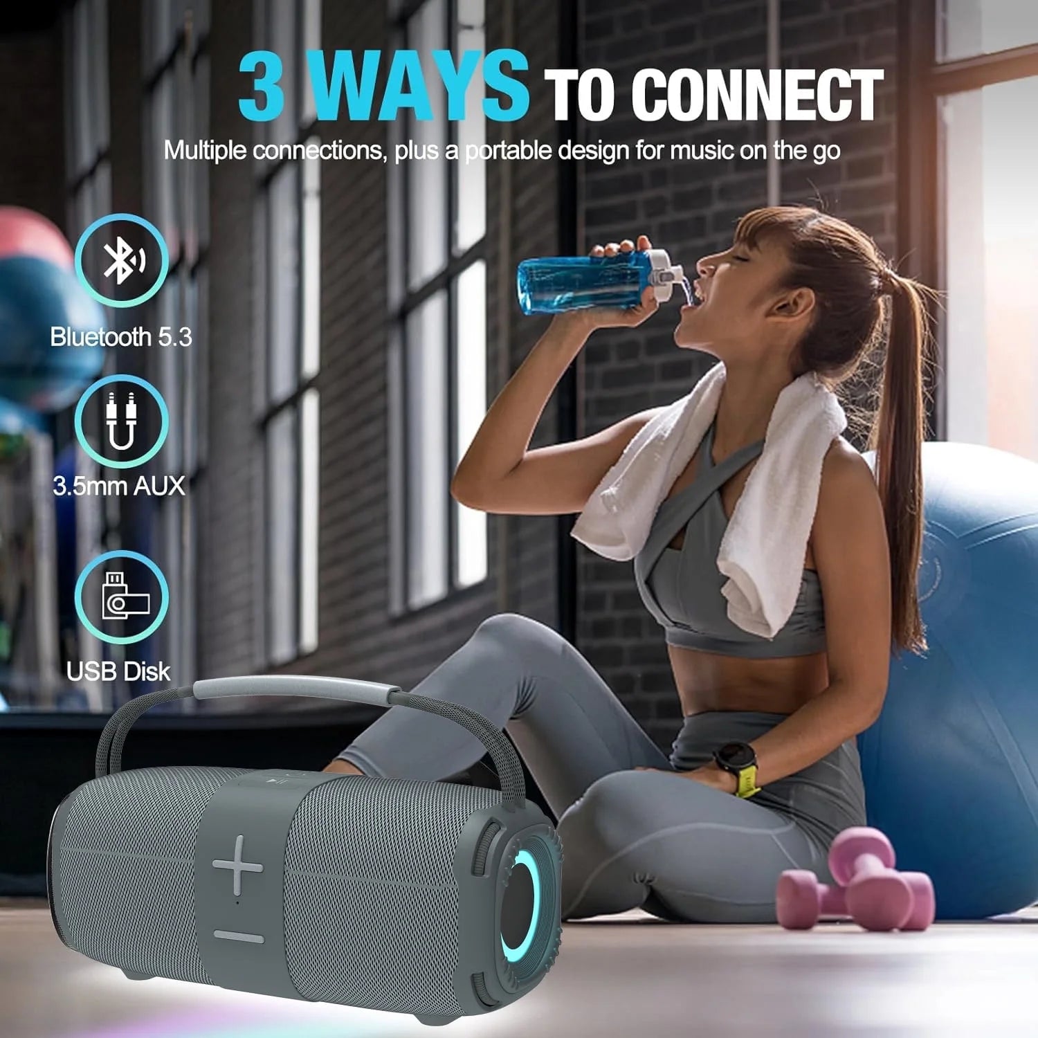 Portable Bluetooth 5.3 Speaker,Wireless Speaker with Dynamic LED Lights and Powerful 360° Sound,Tws Pairing,Outdoor Music Party Show,Gray